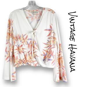 Vintage Havana Tropical Faux Wrap Blouse White Womens Size Small
